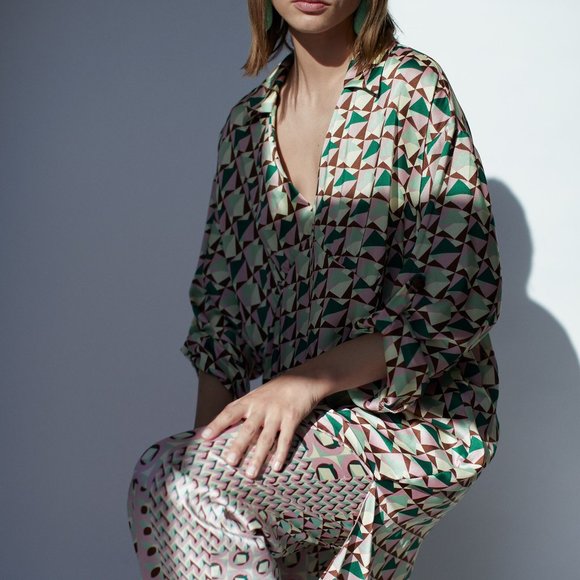 Zara Geometric Print Midi Dress - Green and Pink - Picture 2 of 15